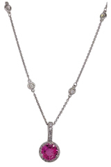 18kt white gold pink sapphire and diamond martini pendant with diamonds by the yard chain.