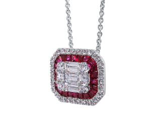 18kt white gold ruby and diamond pendant with chain.