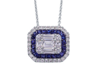 18kt white gold sapphire and diamond pendant with chain.