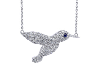 18kt white gold diamond hummingbird pendant with chain.