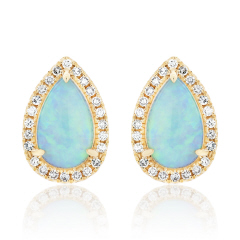 14kt yellow gold pear shape opal and diamond halo style earrings.