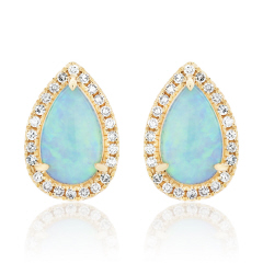 14kt yellow gold pear shape opal and diamond halo style earrings.
