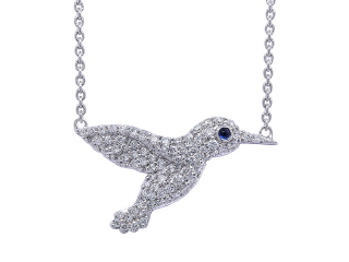 18kt white gold diamond hummingbird pendant with chain.