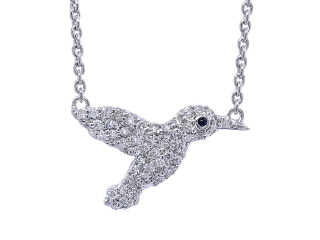 18kt white gold diamond hummingbird pendant with chain.
