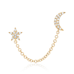 14kt yellow gold 1/2 pair diamond star and moon chain drop earring.