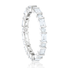 Platinum round and baguette bar set diamond eternity band.