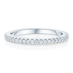 Platinum shared prong diamond eternity band.