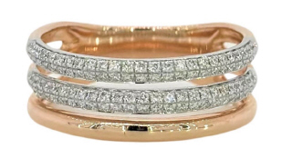 14kt rose gold 3-row band with pave diamonds.