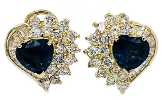 14kt yellow gold heart sapphire and diamond earrings