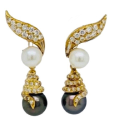 14kt yellow gold diamond, black and white pearl hanging earrings