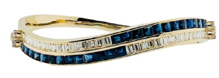 18kt yellow gold channel set square sapphire and baguette diamond bangle