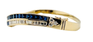 18kt yellow gold channel set square sapphire and baguette diamond bangle