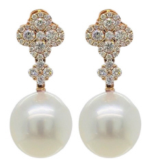 18kt Rose Gold South Sea peal and diamond dangle earrings