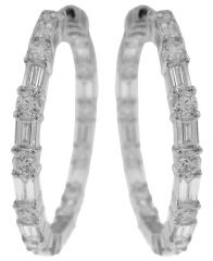 18kt white gold round and baguette diamond 1" hoop earrings