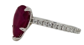 14kt white gold pearshape ruby and diamond ring