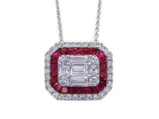 18kt white gold ruby and diamond pendant with chain.