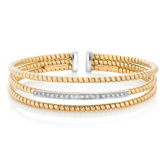 18kt yellow gold 3 row flexible diamond cuff bangle bracelet with diamonds.