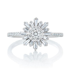 18kt white gold round and baguette diamond sun burst ring