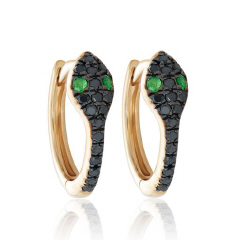 14kt yellow gold black diamond and emerald petite snake huggies.