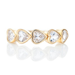 14kt yellow gold white topaz bezel set heart band.