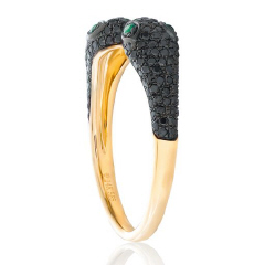 14kt yellow gold pave black diamond and emerald snake ring with black rhodium.