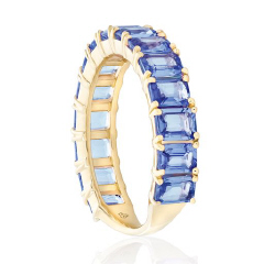 14kt yellow gold emerald cut light blue sapphire band.