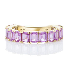 14kt yellow gold emerald cut pink sapphire band.