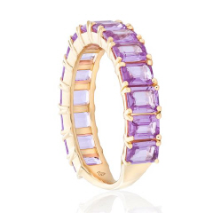 14kt yellow gold emerald cut pink sapphire band.