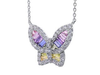 18kt white gold large multi-color sapphire and diamond "Unicorn" butterfly pendant with chain.