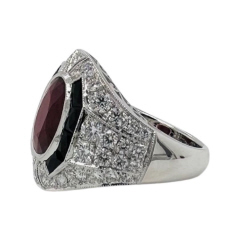 Platinum pave diamond, oval ruby and black onyx ring