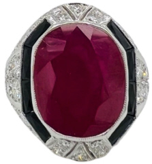 Platinum pave diamond, oval ruby and black onyx ring