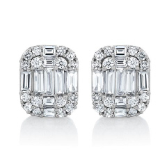 14kt white gold round and baguette diamond earrings