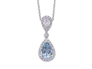 18kt white gold ps aqua and diamond halo pendant with chain