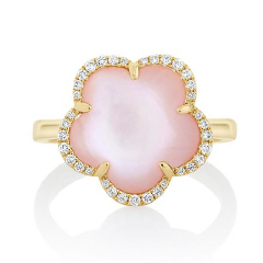14kt yellow gold pink mother of pearl flower ring with diamonds.