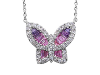 18kt white gold medium ombre sapphire and diamond butterfly pendant with chain.