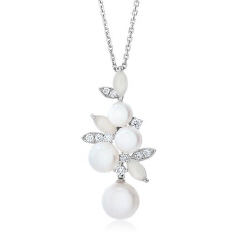 14kt white gold pearl, white topaz and pearl pendant with chain