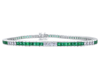 18kt white gold channel set emerald and diamond straight line bracelet.