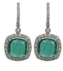 18kt white gold emerald and diamond cushion halo hanging earrings