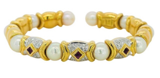 18kt yellow gold pearl, diamond and ruby flexible cuff bangle
