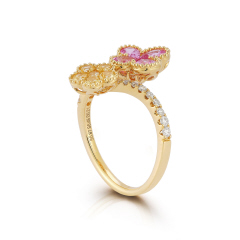 18kt yellow gold yellow sapphire, pink sapphire and diamond double flower ring.