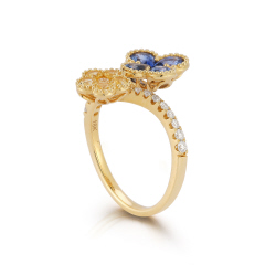 18kt yellow gold blue sapphire, yellow sapphire and diamond double flower ring.