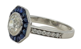 18kt white gold Old European Cut diamond and sapphire ring.