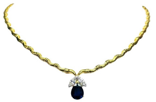 18kt yellow gold pearshape sapphire and marquise diamond necklace