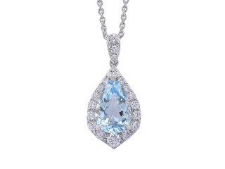 18ktwhite gold pearshape aqua and diamond halo pendant with chain