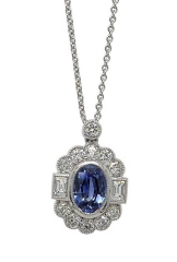 18kt white gold sapphire and diamond pendant with chain.