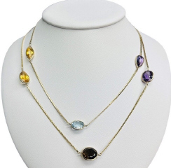 14kt yellow gold bezel set multi-color gemstone necklace. 36".