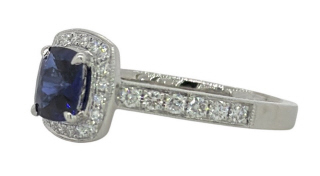 18kt white gold cushion sapphire and diamond ring