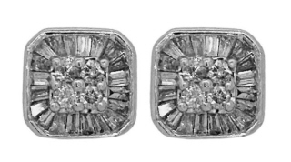 14kt white gold round and baguette diamond stud earrings.