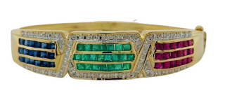 14kt yellow gold sapphire, emerald, ruby and diamond bangle bracelet.