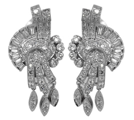 Platinum single cut and baguette diamond earrings.